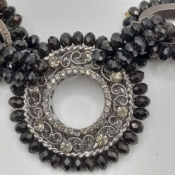 Black Filigree Rhinestone Hematite Pendant Silver Tone Necklace Earring Set - Picture 2 of 6